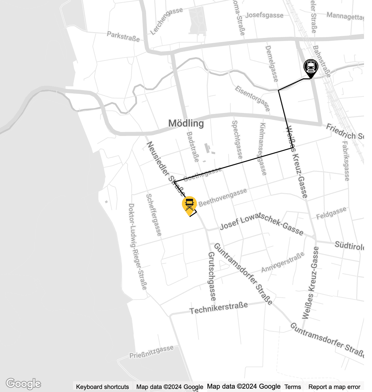 A Map of Moedling, showing the way from Moedling Trainstation to Lemonpie Film